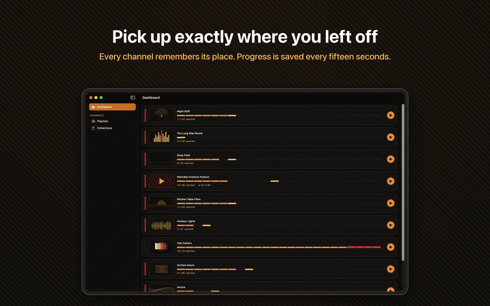 PlaylistTV dashboard on macOS, showing started channels with progress